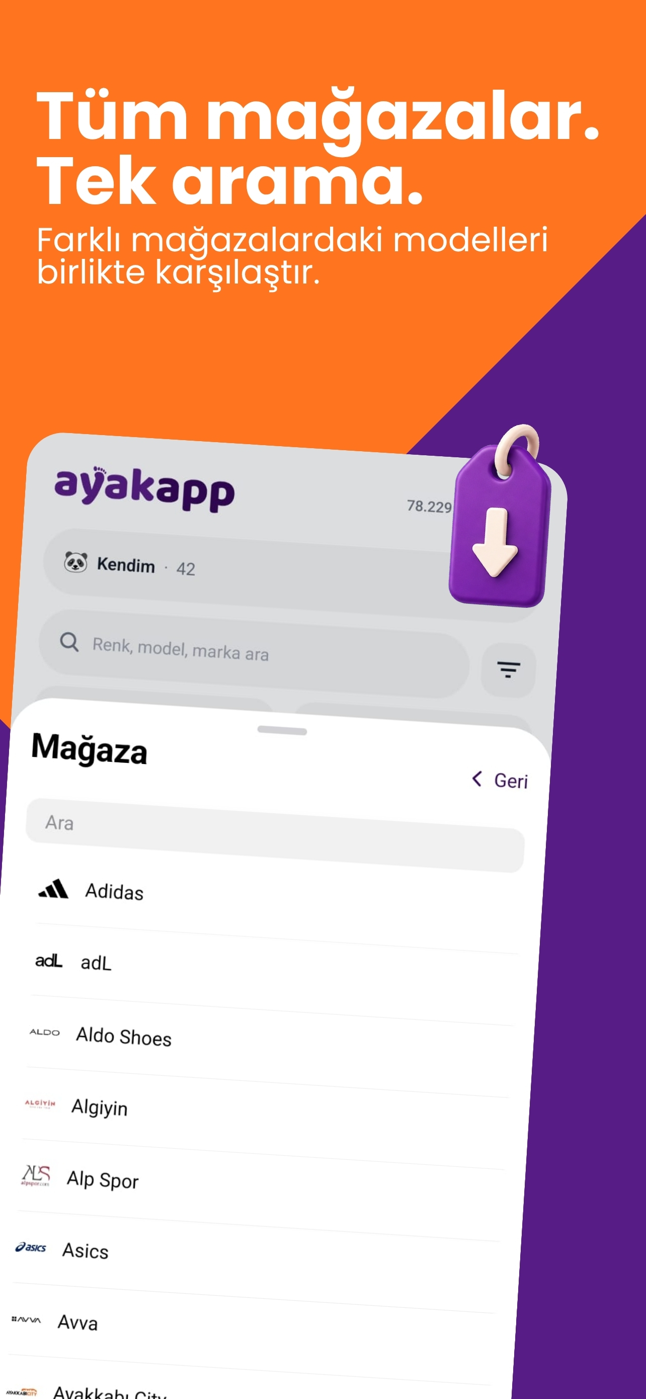 Ayakapp mağaza ve marka arama ekranı