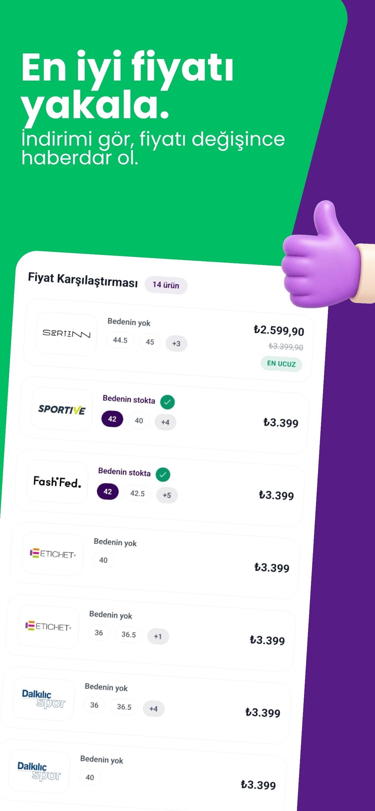 Ayakapp fiyat ve beden karşılaştırma ekranı