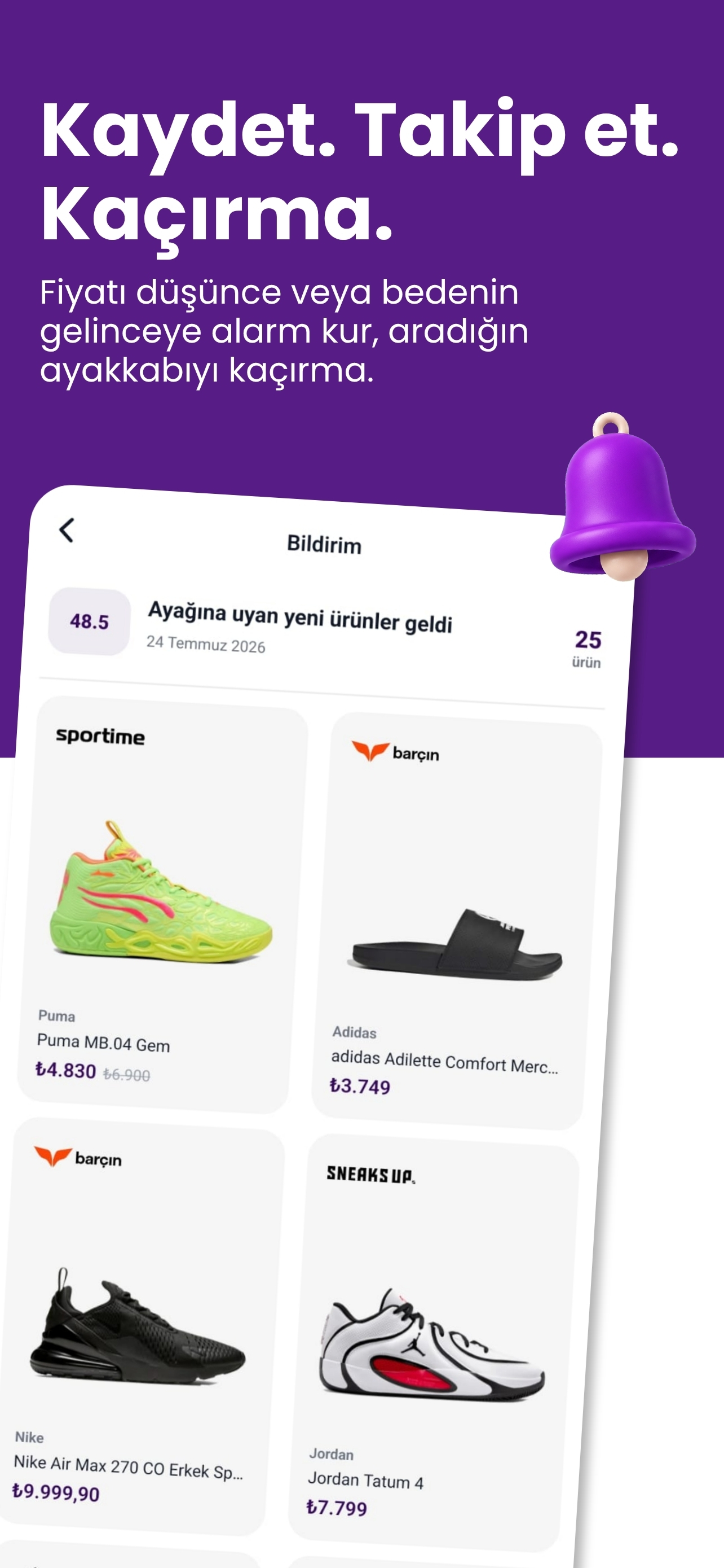 Ayakapp fiyat ve beden stok bildirim ekranı